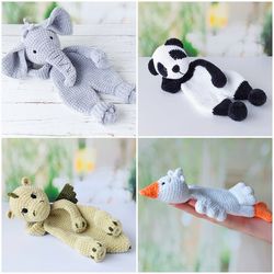 Set of 4 Crochet Pattern: Dragon, Panda, Goose, Elephant. Animal plushies toys, amigurumi lovey, PDF tutorial in English