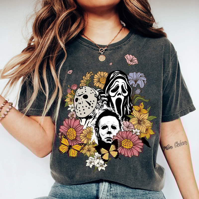 Floral Horror Characters Halloween Shirt, Horror Movie Characters Shirt, Ghostface Shirt, Michael Myers T-Shirt, Jason Voorhees Tee - 1.jpg