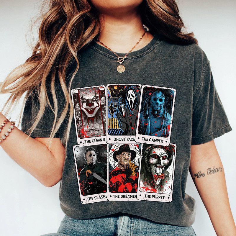 Horror Character Tarot Cards Shirt, Halloween Horror Movie Shirt, The Camper The Clown Ghostface Shirt - 1.jpg