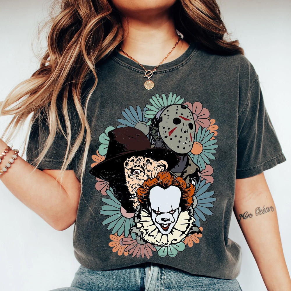 Retro Floral Horror Characters Halloween Shirt, Freddy Krueger Pennywise Jason Voorhees Shirt - 1.jpg