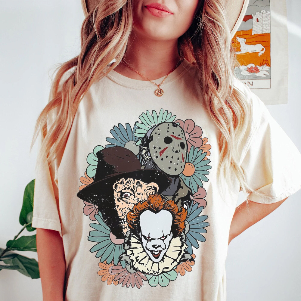 Retro Floral Horror Characters Halloween Shirt, Freddy Krueger Pennywise Jason Voorhees Shirt - 2.jpg