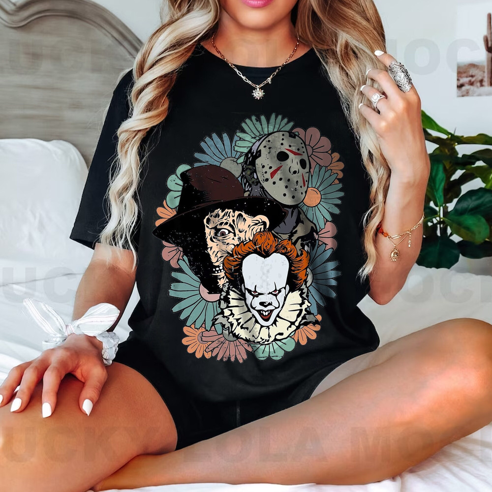 Retro Floral Horror Characters Halloween Shirt, Freddy Krueger Pennywise Jason Voorhees Shirt - 3.jpg