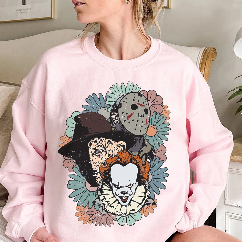 Retro Floral Horror Characters Halloween Shirt, Freddy Krueger Pennywise Jason Voorhees Shirt - 4.jpg