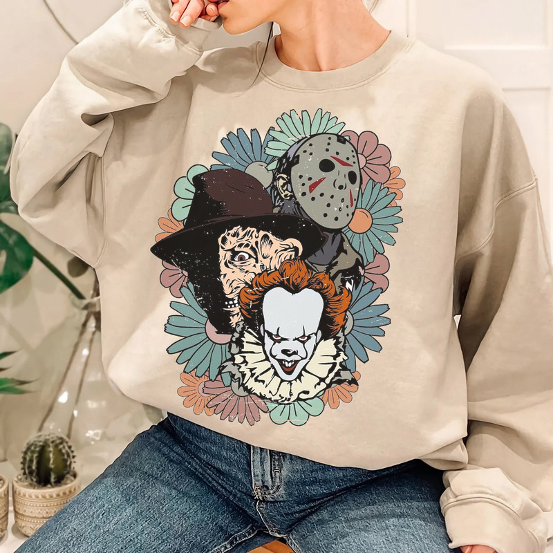 Retro Floral Horror Characters Halloween Shirt, Freddy Krueger Pennywise Jason Voorhees Shirt - 5.jpg