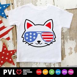 Patriotic Cat Svg, 4th of July Svg, USA Kitten with Sunglasses Cut Files, Cat Face Svg Dxf Eps Png, Boys, America Clipar