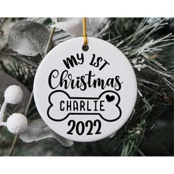 my first christmas dog svg, dog 1st christmas svg, dog christmas ornament svg, personalized name dog ornament png clipar