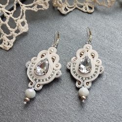 Bridal earrings, Wedding earrings, White and silver earrings, Soutache bead embroidered earrings, Rhinestone earrings
