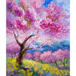 Cherry Blossom oil painting Pink sakura Oil painting on canvas Home Wall decor Pink flower Original art Gift for women