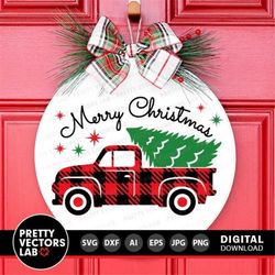 christmas tree truck svg, merry christmas cut files, farmhouse round sign svg, buffalo plaid truck svg, dxf, eps, png, s