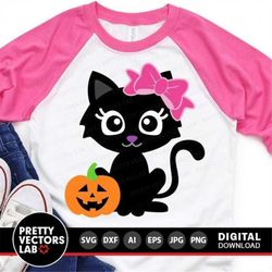 Cute Black Cat Svg, Girl Halloween Svg, Cat with Pumpkin Svg Dxf Eps Png, Fall Cut Files, Girls Svg, Baby, Kids Clipart,