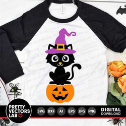 Cute Black Cat Svg, Halloween Svg, Cat with Halloween Hat Svg Dxf Eps Png, Cat on Pumpkin Cut Files, Kids Shirt Svg, Bab