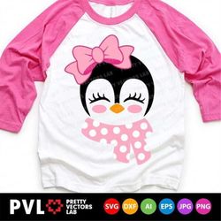 Girl Penguin with Bow Svg, Penguin Face Svg Dxf Eps Png, Girls Cut Files, Baby Penguin Svg, Kids Shirt Design, Winter Sv