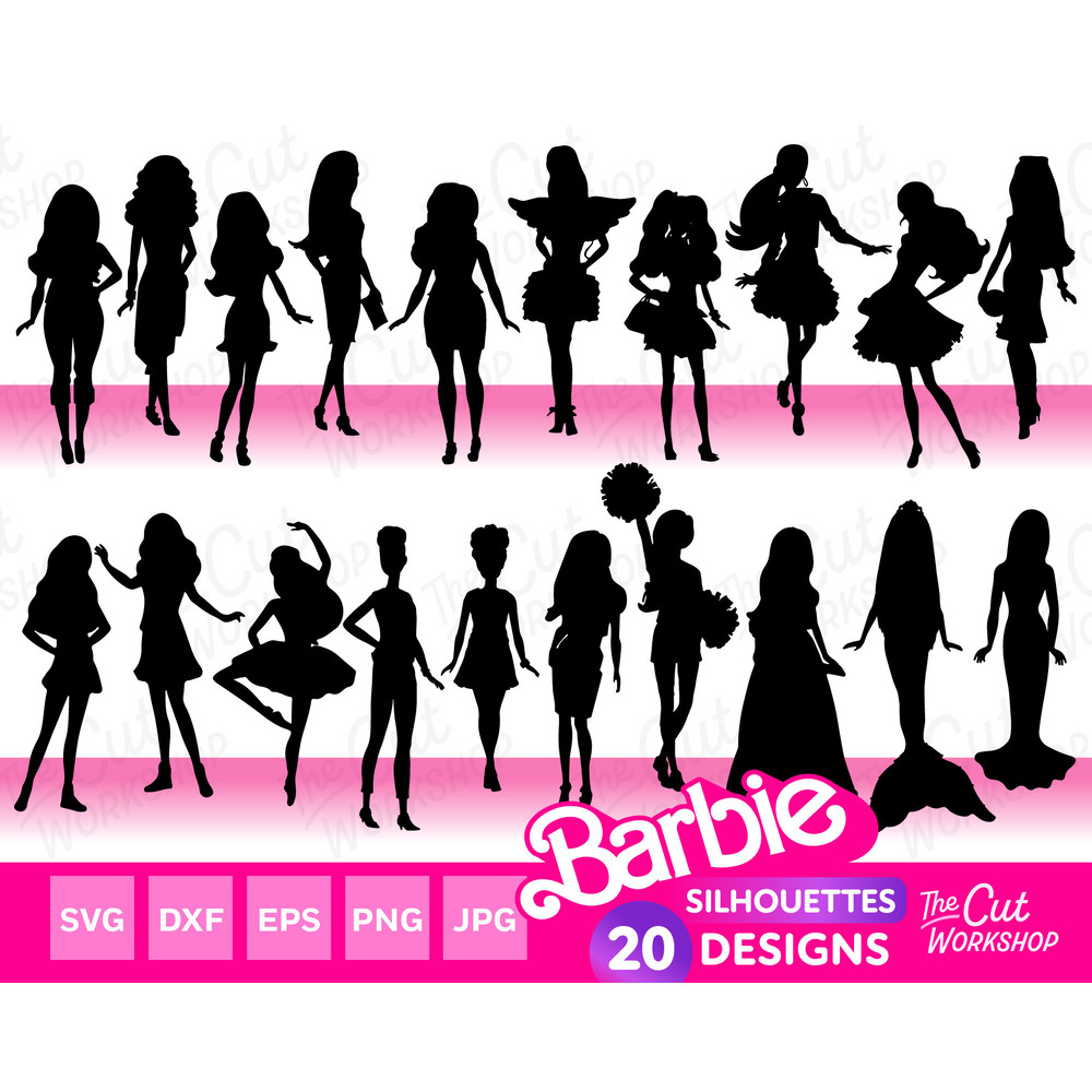 Barbi Doll Silhouettes Bundle Babe Dance Cheer Mermaid Princess Pink  SVG PNG JPG Clipart Digital Download Sublimation Cricut Cut File Dxf - 1.jpg