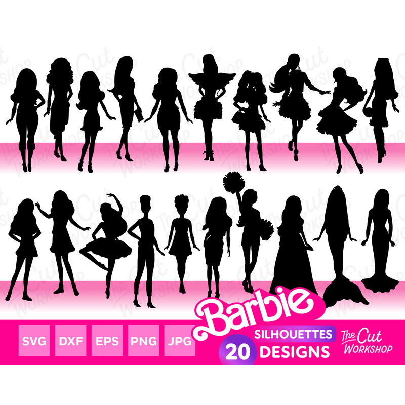 Barbi Doll Silhouettes Bundle Babe Dance Cheer Mermaid Princess Pink  SVG PNG JPG Clipart Digital Download Sublimation Cricut Cut File Dxf - 1.jpg