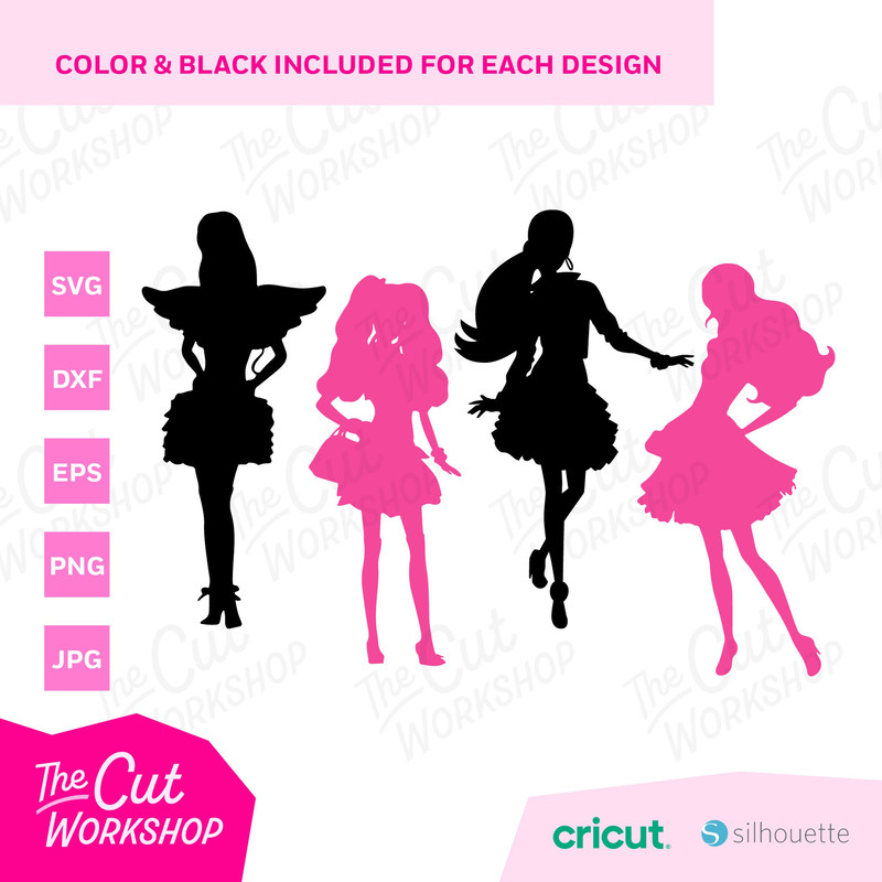 Barbi Doll Silhouettes Bundle Babe Dance Cheer Mermaid Princess Pink  SVG PNG JPG Clipart Digital Download Sublimation Cricut Cut File Dxf - 2.jpg