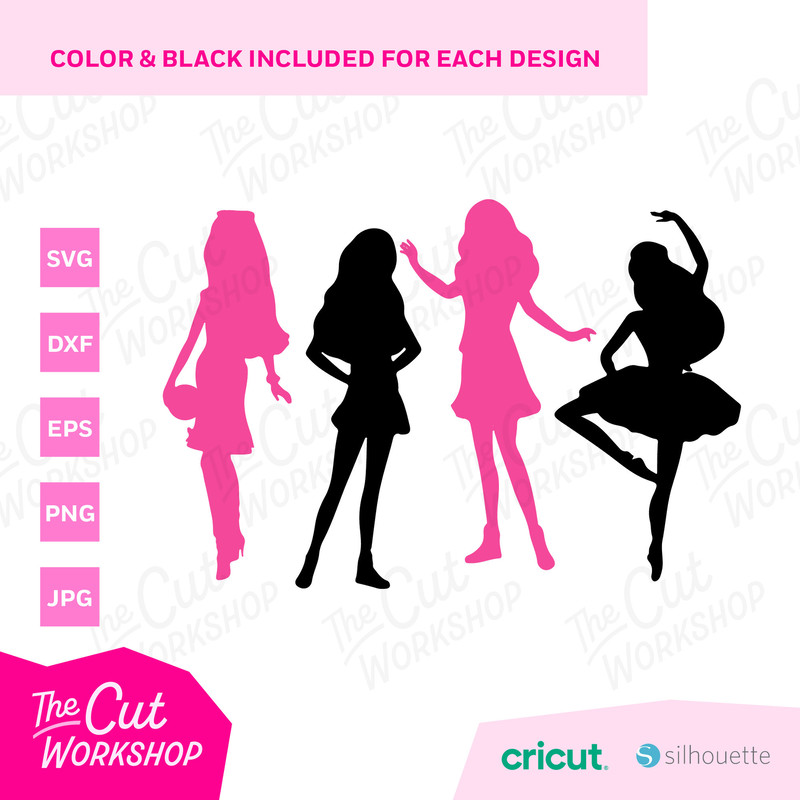 Barbi Doll Silhouettes Bundle Babe Dance Cheer Mermaid Princess Pink  SVG PNG JPG Clipart Digital Download Sublimation Cricut Cut File Dxf - 3.jpg