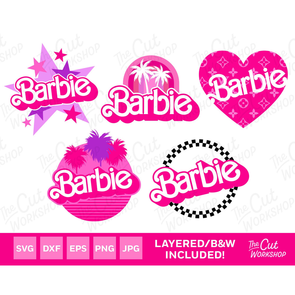 Barbi Retro Logo Bundle Palms Heart Stars Pink  Color Layered Black  SVG PNG JPG Clipart Digital Download Sublimation Cricut Cut File Dxf - 1.jpg
