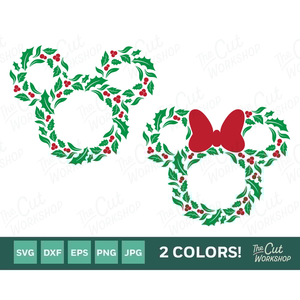 Christmas Holiday Wreath Mickey Minnie Mouse Ears 2 COLOR SVG Clipart Images Digital Download Sublimation Cricut Cut File Png Dxf Jpg - 1.jpg