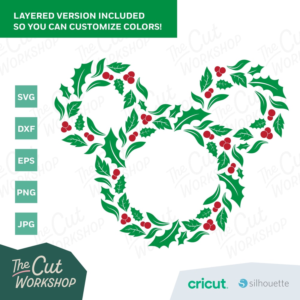 Christmas Holiday Wreath Mickey Minnie Mouse Ears 2 COLOR SVG Clipart Images Digital Download Sublimation Cricut Cut File Png Dxf Jpg - 2.jpg