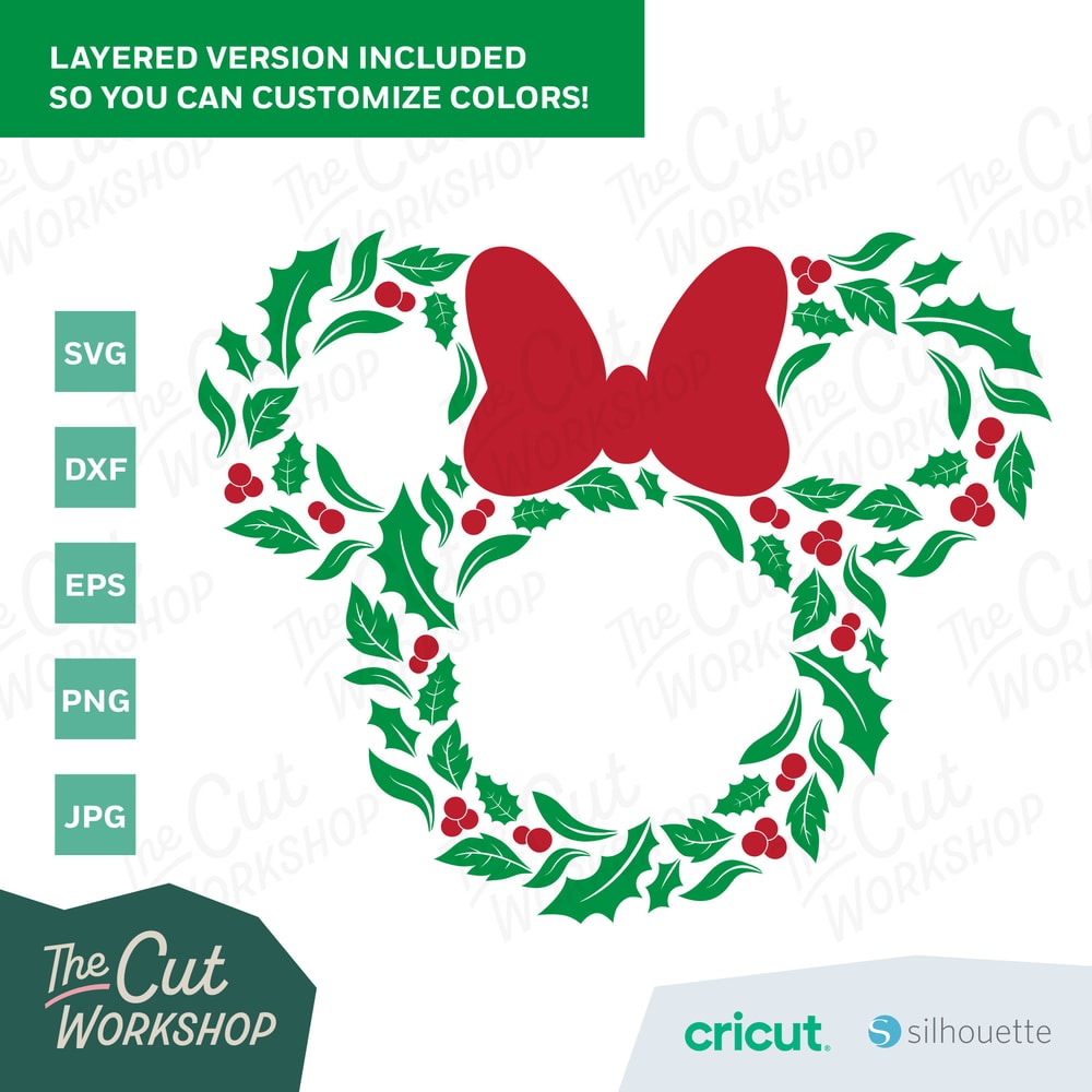Christmas Holiday Wreath Mickey Minnie Mouse Ears 2 COLOR SVG Clipart Images Digital Download Sublimation Cricut Cut File Png Dxf Jpg - 3.jpg