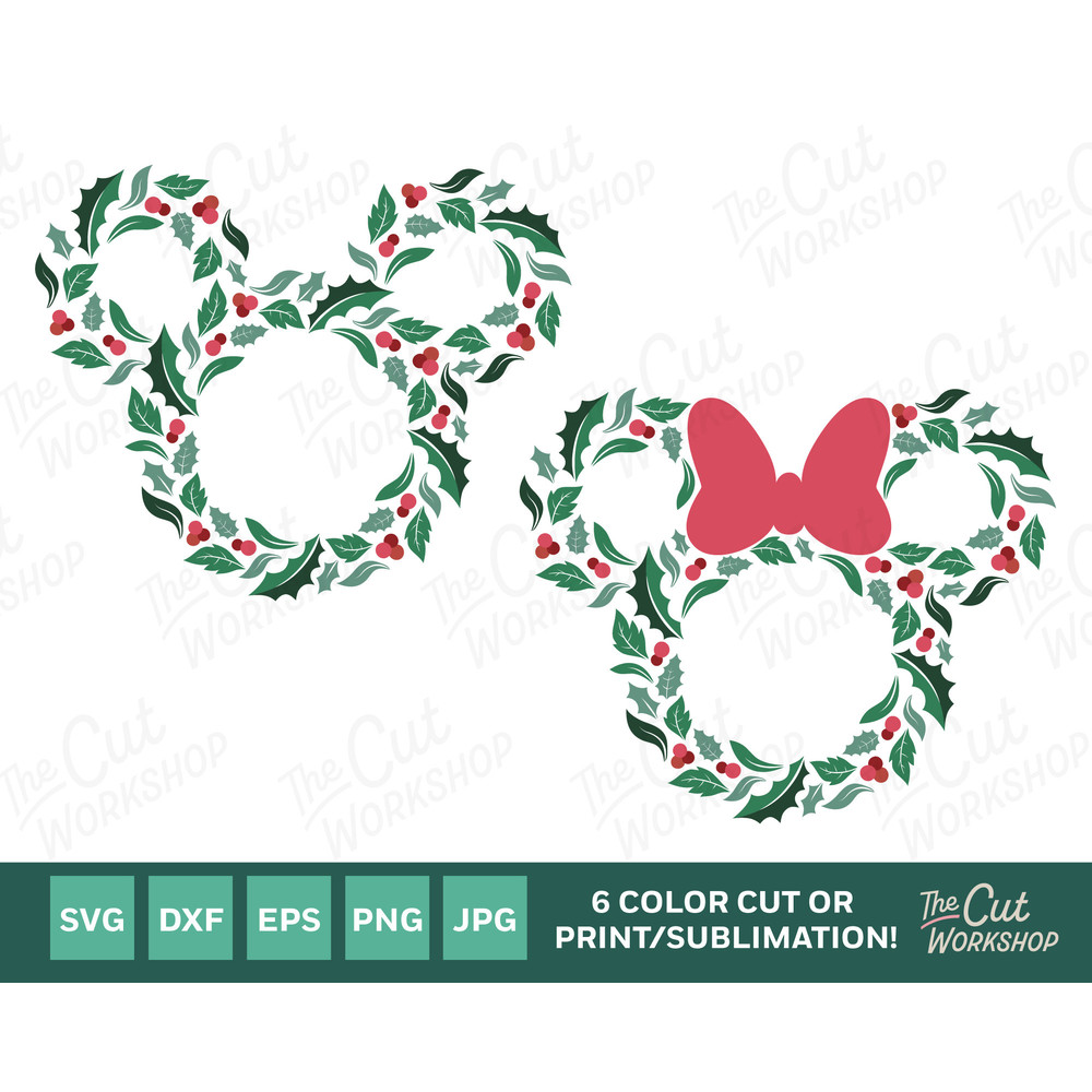 Christmas Holiday Wreath Mickey Minnie Mouse Ears  6 COLOR  SVG Clipart Images Digital Download Sublimation Cricut Cut File Png Dxf Jpg - 1.jpg