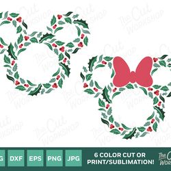 christmas holiday wreath mickey minnie mouse ears 6 color svg clipart images digital download sublimation cricut cut f