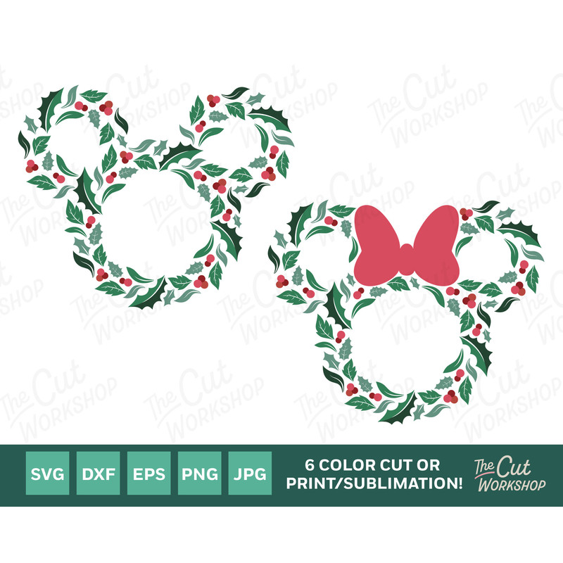 Christmas Holiday Wreath Mickey Minnie Mouse Ears  6 COLOR  SVG Clipart Images Digital Download Sublimation Cricut Cut File Png Dxf Jpg - 1.jpg