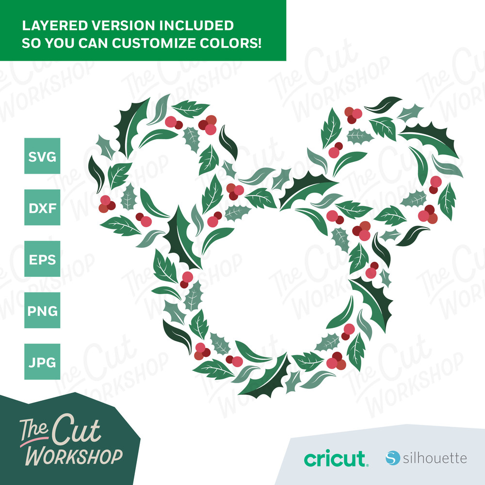 Christmas Holiday Wreath Mickey Minnie Mouse Ears  6 COLOR  SVG Clipart Images Digital Download Sublimation Cricut Cut File Png Dxf Jpg - 2.jpg