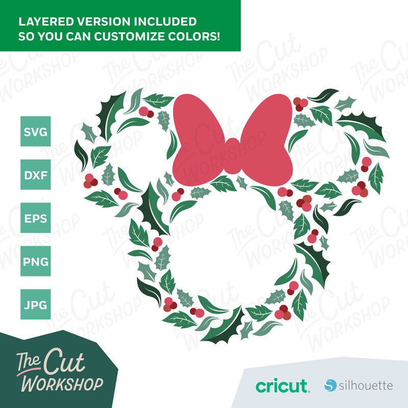 Christmas Holiday Wreath Mickey Minnie Mouse Ears  6 COLOR  SVG Clipart Images Digital Download Sublimation Cricut Cut File Png Dxf Jpg - 3.jpg