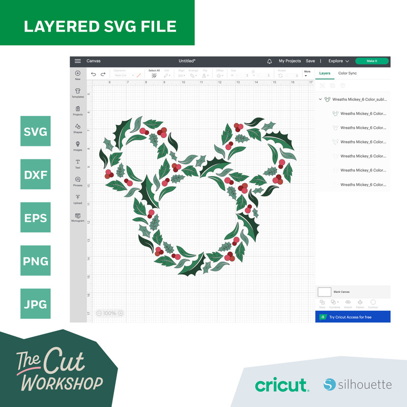 Christmas Holiday Wreath Mickey Minnie Mouse Ears  6 COLOR  SVG Clipart Images Digital Download Sublimation Cricut Cut File Png Dxf Jpg - 4.jpg