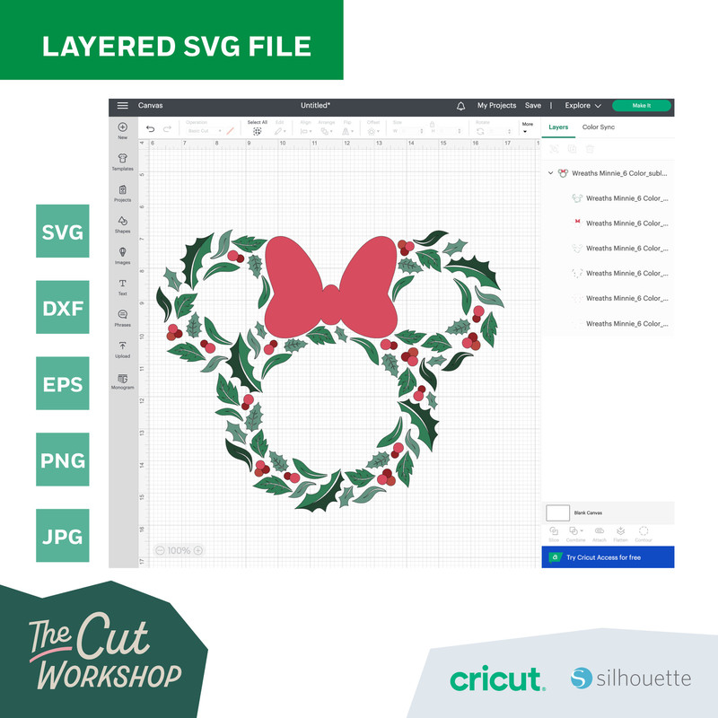 Christmas Holiday Wreath Mickey Minnie Mouse Ears  6 COLOR  SVG Clipart Images Digital Download Sublimation Cricut Cut File Png Dxf Jpg - 5.jpg