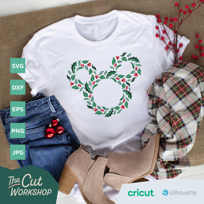 Christmas Holiday Wreath Mickey Minnie Mouse Ears  6 COLOR  SVG Clipart Images Digital Download Sublimation Cricut Cut File Png Dxf Jpg - 6.jpg