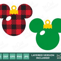 christmas tree ornament mickey minnie mouse ears buffalo plaid  svg clipart images digital download sublimation cricut c