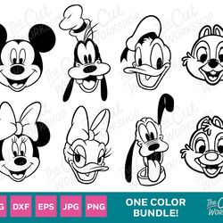 mickey and friends minnie daisy donald goofy pluto chip dale 1 color bundle   svg clipart download sublimation cut file
