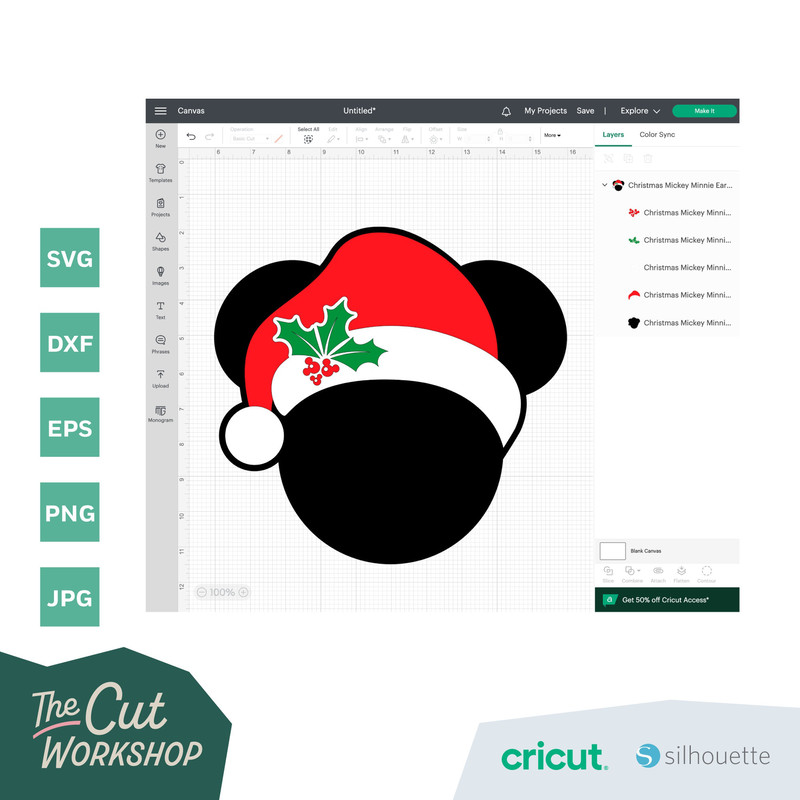 Santa Hat Christmas Mickey Minnie Mouse Ears Holly Berries SVG Clipart Images Digital Download Sublimation Cricut Cut File Png Dxf Jpg - 3.jpg