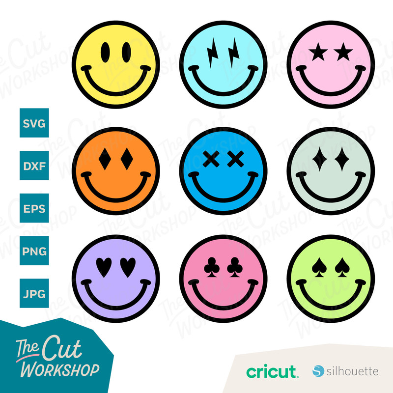 Smile Face Groovy Retro Happy Face Emoji Lighting Bolt Hearts  SVG Clipart Digital Download Cut File Cricut Sublimation Print Png Jpg - 2.jpg