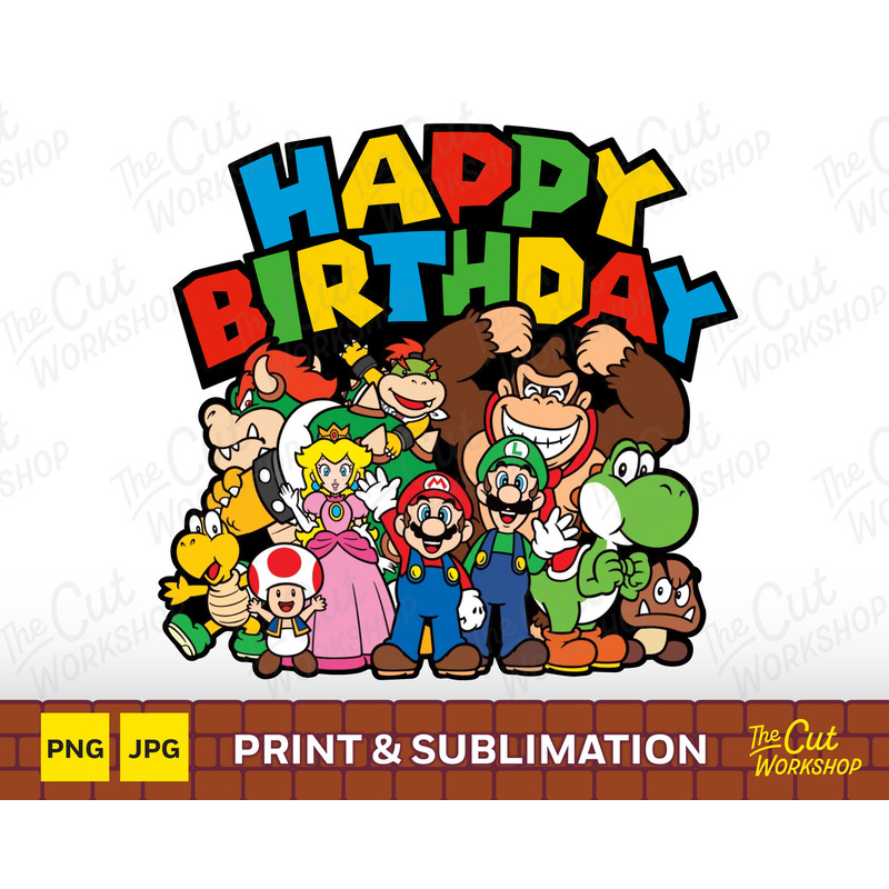Super Mario Happy Birthday Luigi Princess Peach Yoshi Bowser Toad Goomba DK Group  PNG JPG Clipart Digital Download Sublimation - 1.jpg