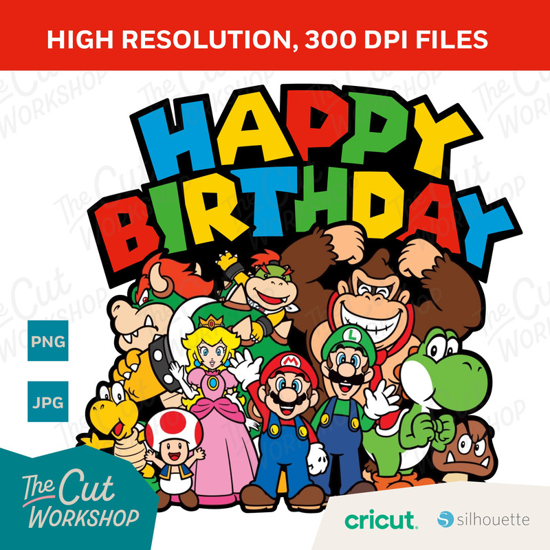 Super Mario Happy Birthday Luigi Princess Peach Yoshi Bowser Toad Goomba DK Group  PNG JPG Clipart Digital Download Sublimation - 2.jpg