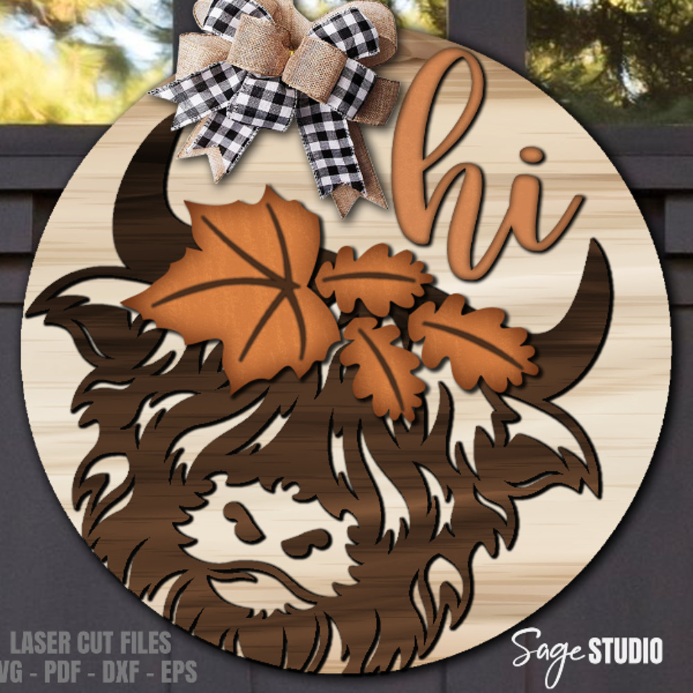 Highland Cow Door Hanger SVG - Fall SVG - Welcome Sign SVG - Farmhouse Sign Svg - Front Door Sign - Laser Cut Files - Glowforge Files