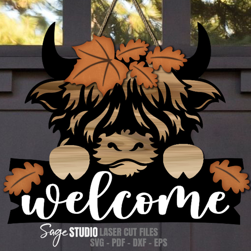 Fall Highland Cow SVG - Laser Cut Files - Fall SVG - Cow SVG | Welcome Sign SVG - Front Door Sign SVG - Glowforge Files