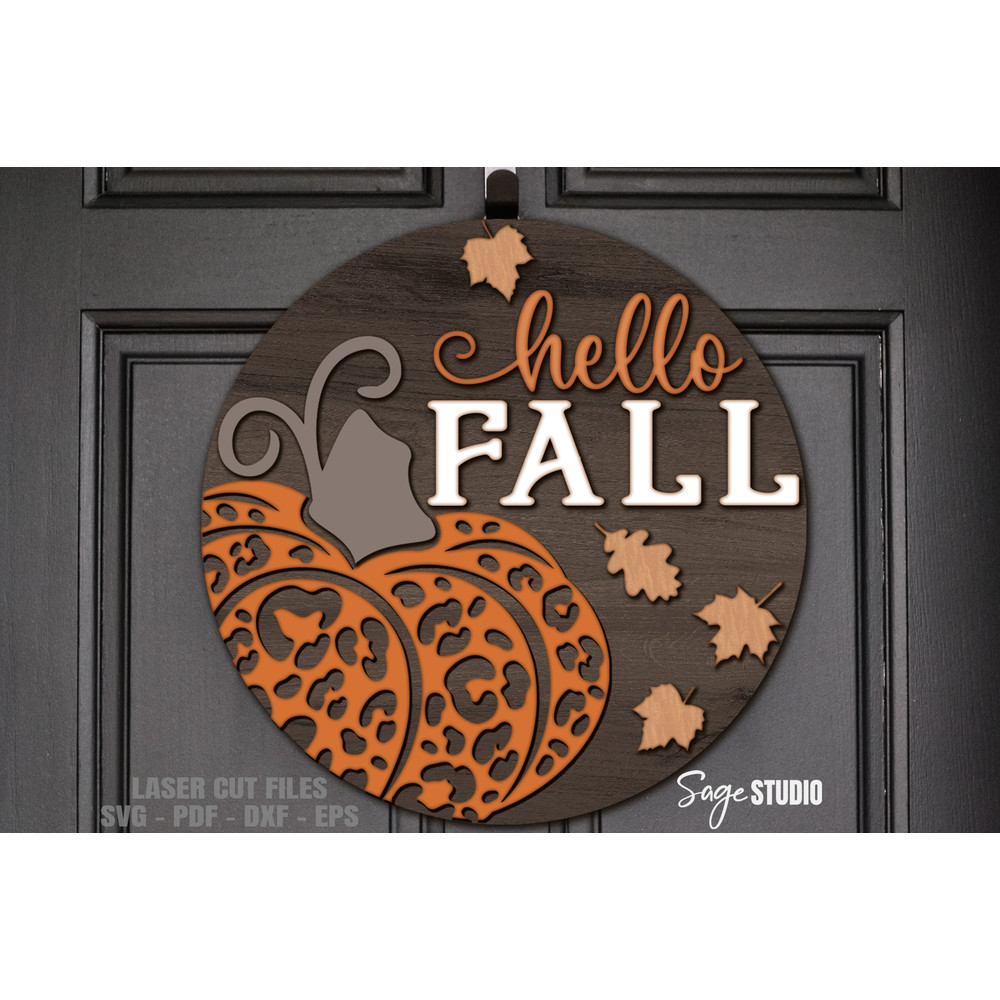 Hello Fall SVG - Laser Cut Files - Leopard Print Pumpkin SVG - Welcome Sign Svg - Front Door Sign - Glowforge Files