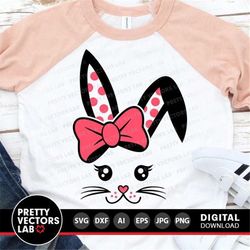 bunny svg, easter cut files, girl bunny with bow svg, cute bunny face svg, dxf, eps, png, kids svg, baby, rabbit ears sv