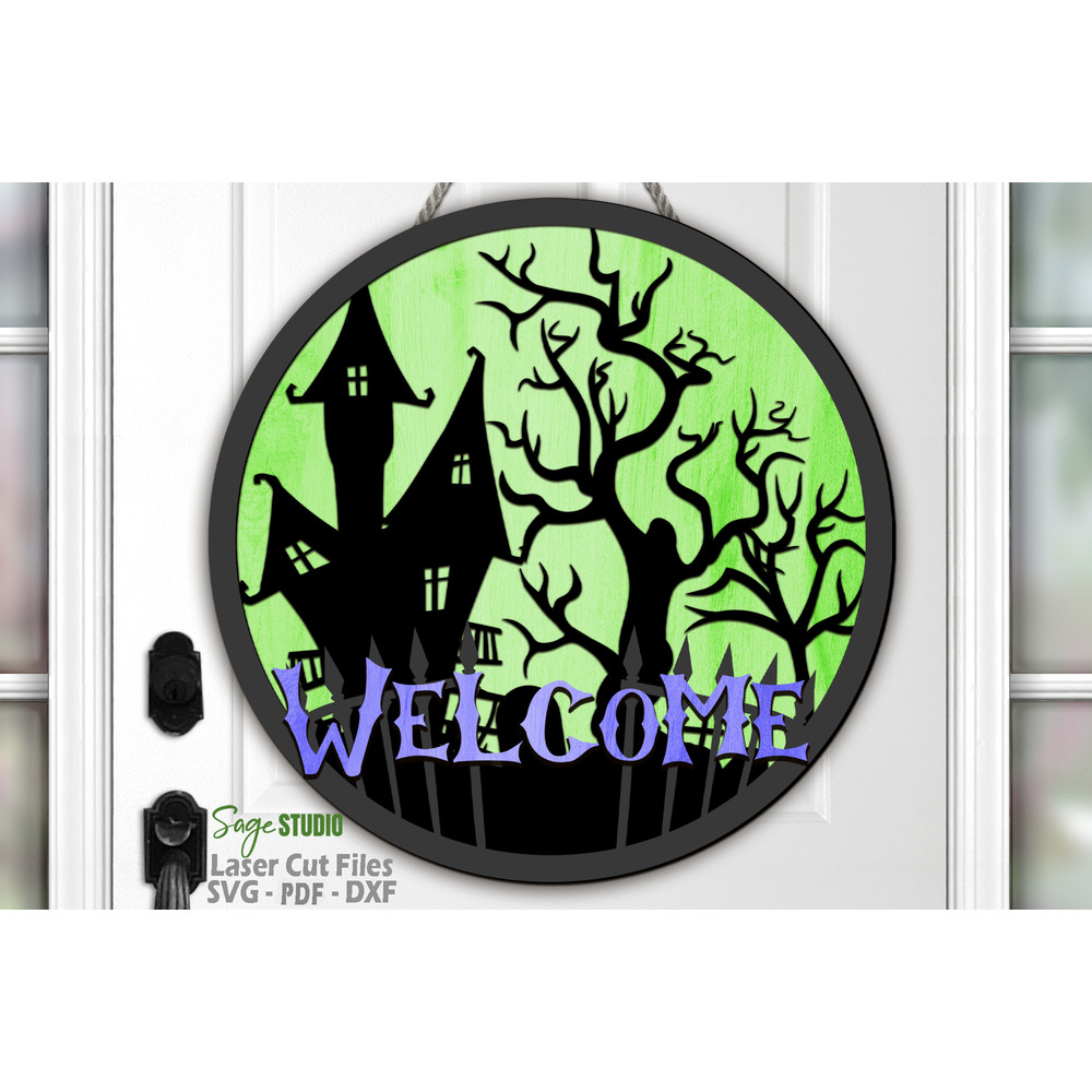 Haunted Mansion SVG - Laser Cut Files - Halloween Door Hanger SVG - Spooky SVG - Halloween Decor - Front Door Sign - Round Wood Sign - Welcome Sign SVG - Glowfo