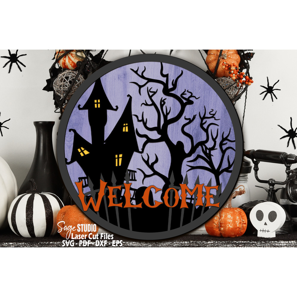 Halloween Door Sign SVG - Laser Cut Files - Halloween SVG - Spooky SVG - Haunted House Svg - Welcome Sign Svg - Front Door Sign - Round Wood Sign - Glowforge Fi