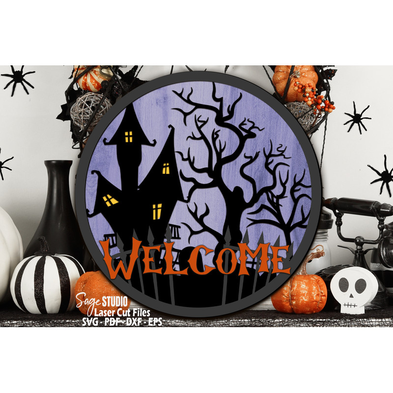 Halloween Door Sign SVG - Laser Cut Files - Halloween SVG - Spooky SVG - Haunted House Svg - Welcome Sign Svg - Front Door Sign - Round Wood Sign - Glowforge Fi