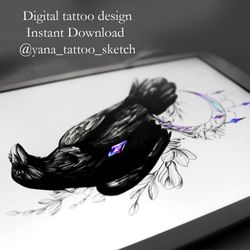 Crow Tattoo Designs Feminine Raven Tattoo Sketch Ideas Crow and Moon Tattoo Design, Instant download JPG, PDF, PNG