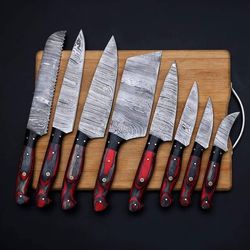 Custom handmade damascus steel chef set of 8 pieces