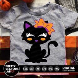 halloween svg, cute black cat svg, girl cat with bow svg, dxf, eps, png, girls cut files, kids monogram svg, fall clipar