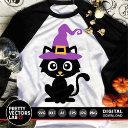 Cute Black Cat Svg, Halloween Svg, Cat with Halloween Hat Svg, Dxf, Eps, Png, Fall Cut File, Kids Shirt Svg, Baby Clipar