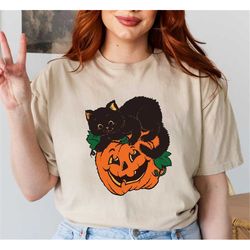 vintage halloween t-shirt, pumpkin and black cat shirt, pumpkin halloween shirt, cute halloween shirt